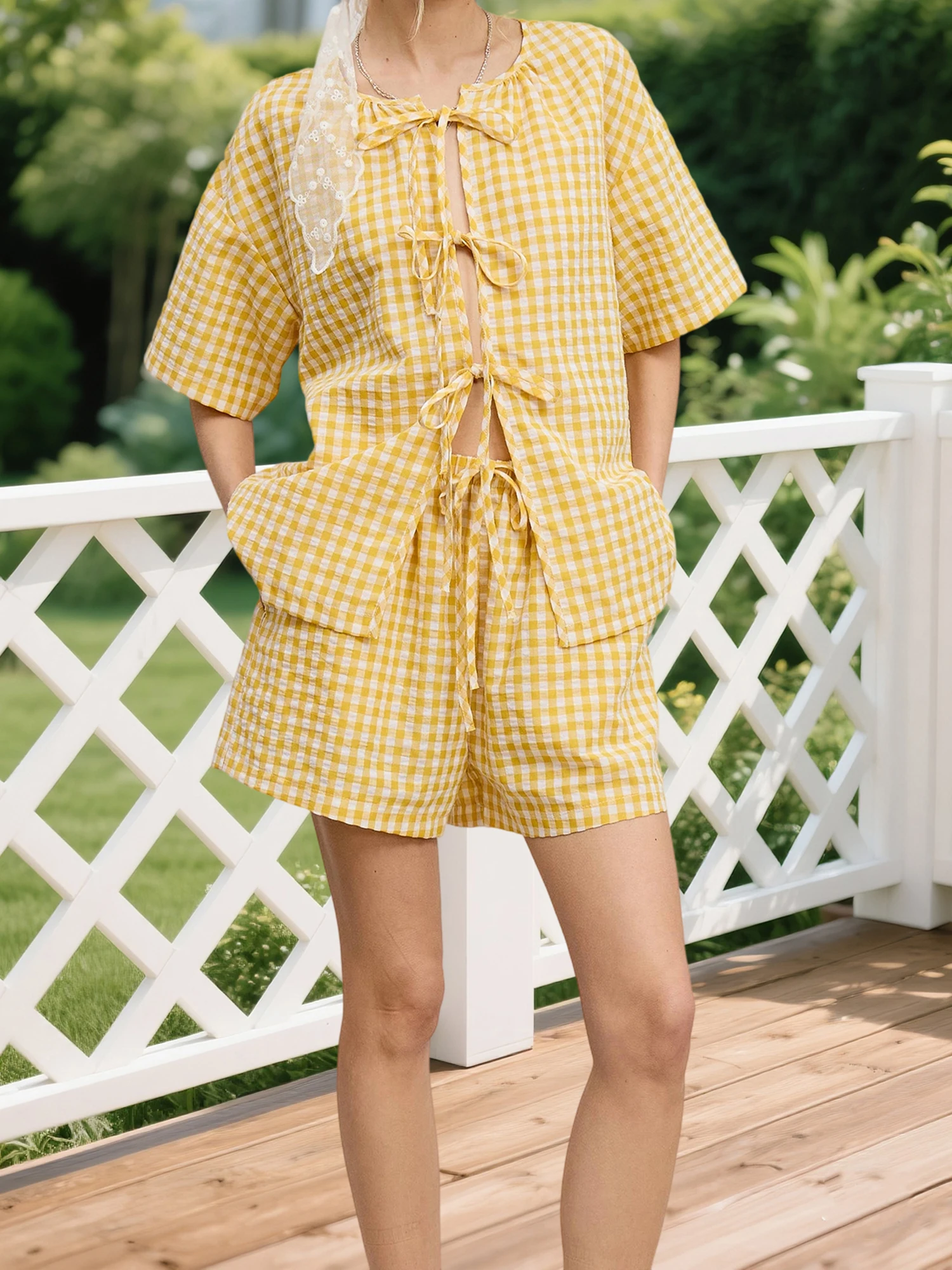 Women s Casual Summer Pajama Set with Short Sleeve O Neck Plaid Tops and Tie Front Shorts for Loungewear