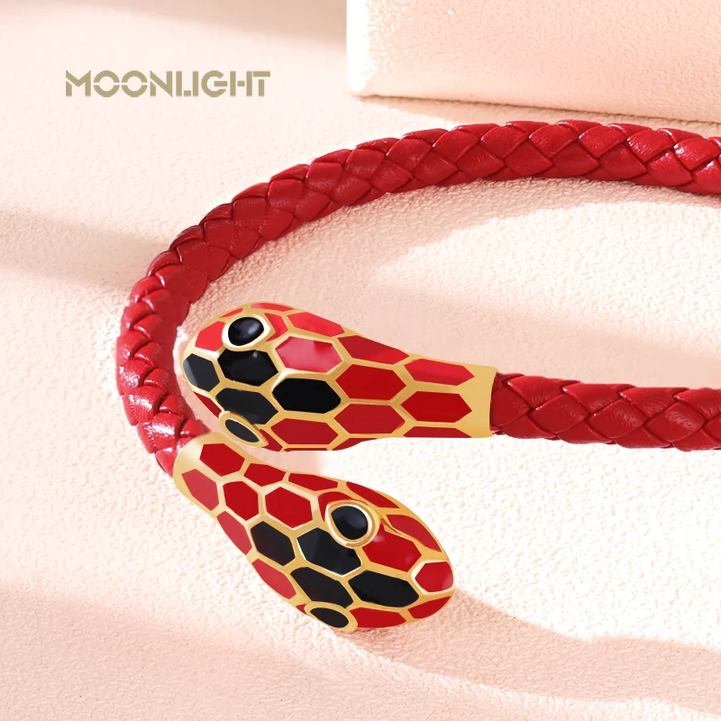 Bracelets MOONLIGHT Classic Style Double Snake Head Cuff Bangles Women Genuine Braided Leather Bracelets Female Fashion Jewelry Gifts