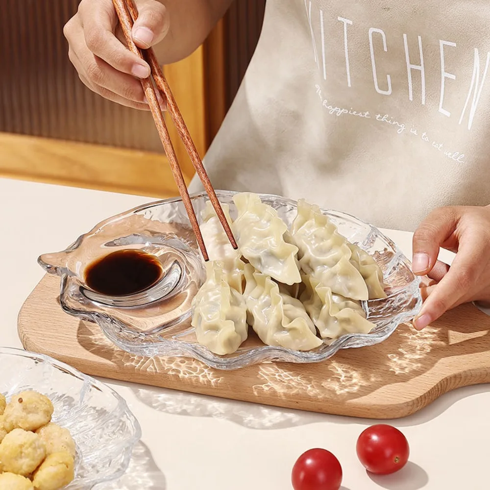Grid Leaf Glass Dumpling Plate,Creative Fruit Sushi Fries Dish with Vinegar Household Dumpling Plates Unique Transparent Trays 5