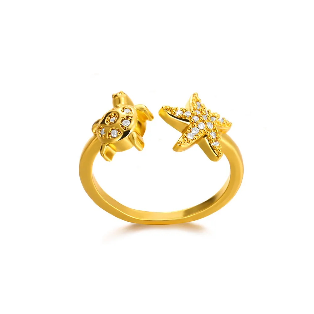Zircon Turtle Starfish Rings Gold Color Adjustable Opening