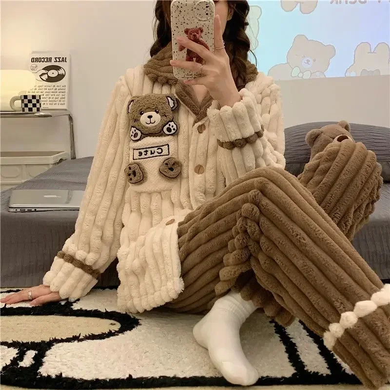 2024 New Pajamas Women's Autumn Winter Loungewear Coral Plush Thickened Flannel Sleepwear Cute Warm V-neck Homewear Set new fashion plush pajamas set women v neck crop top