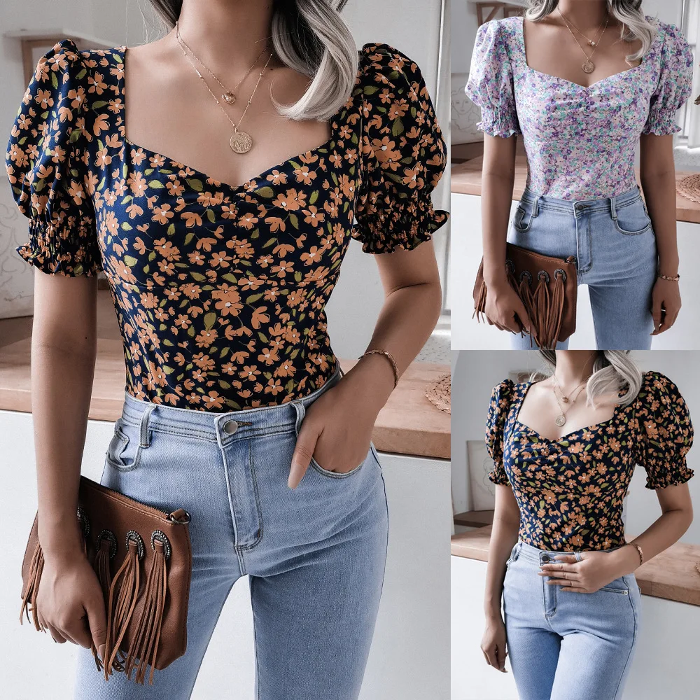 Women's Summer New Casual Lantern Sleeve Square Neck Sexy Floral Chiffon Shirt Top Female & Lady Fashion Versatile Tops