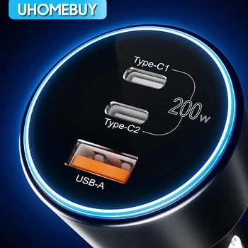 UHOMEBUY caricabatteria da auto 200W caricatore rapido USB tipo C 100W 65W 45W 20W PPS PD QC3.0 caricabatterie rapido per Laptop iPhone 15 Samsung S23