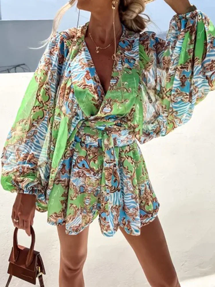2023 Summer Fashion Pattern Print Shorts 2pcs Suit Sexy V Neck Blouse+Hot Shorts Set Office Lady Spring Elegant Outfits Overalls