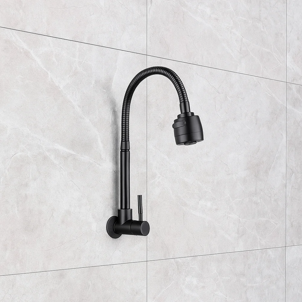 Wall Mounted Flexible Hose Kitchen Faucet Stainless Steel Rotatable Sink Faucet 2 Modes Black Water Tap Nozzle Restaurant
