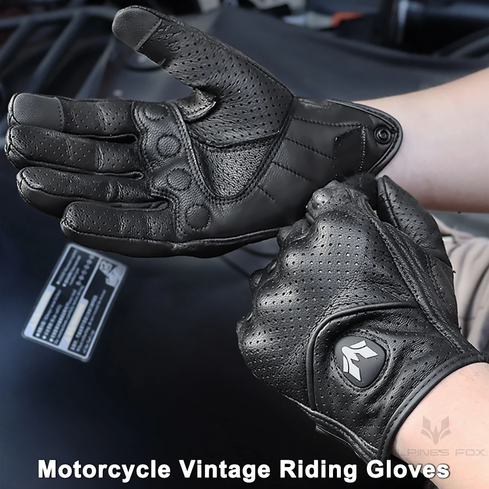 Leather Motorcycle Gloves Vintage Leather Full Finger Motorcycle Riding Gloves for Women Men ATV Rider Sports