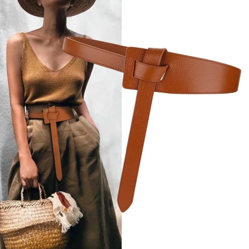 

Fashion Knot Belts for Women Soft Genuine Leather No buckle Knotted Strap Belt Long Dress Accessories Lady Waistbands Present