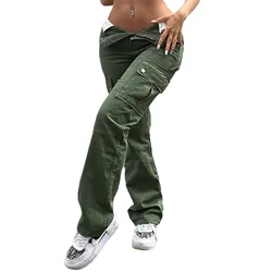 Women's Straight Leg Cargo Pants Fashion Female Casual High Waist Solid Color Pocket Denim Jeans