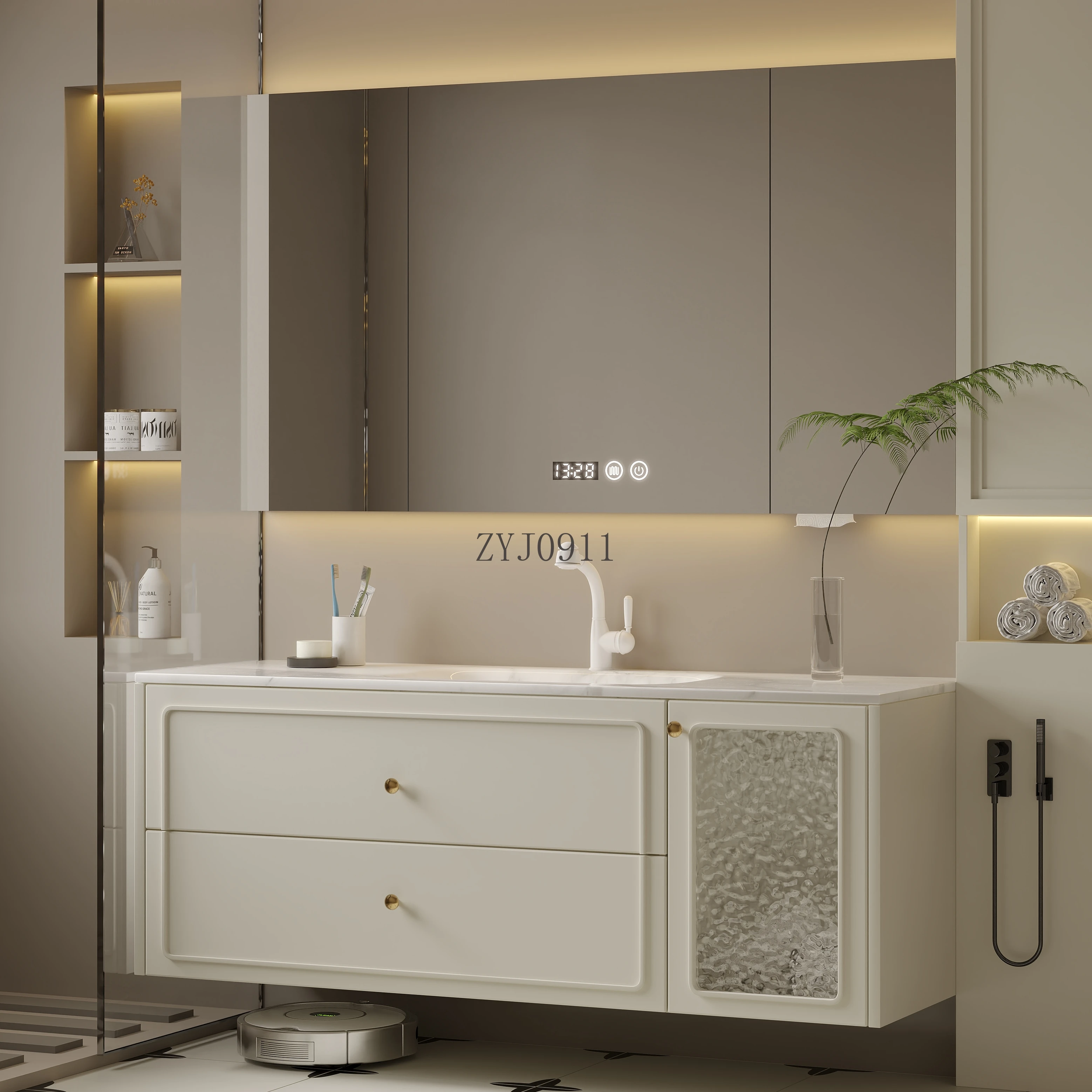 *French cream wind bathroom cabinet combination rock slab hot bending integrated basin oak washstand