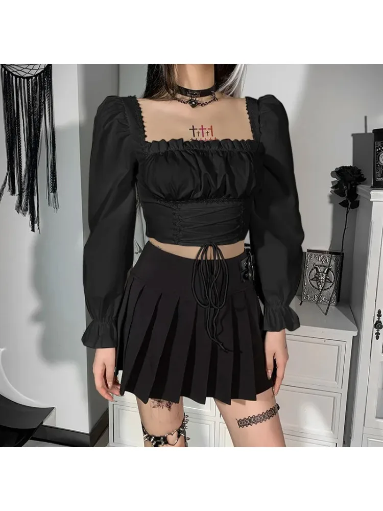 

2023 New Gothic Clothese Bandage Black Corset Women's T-shirt Sexy Puff Sleeve Autumn T Shirt Ruched Harajuku Aesthetic Crop Top