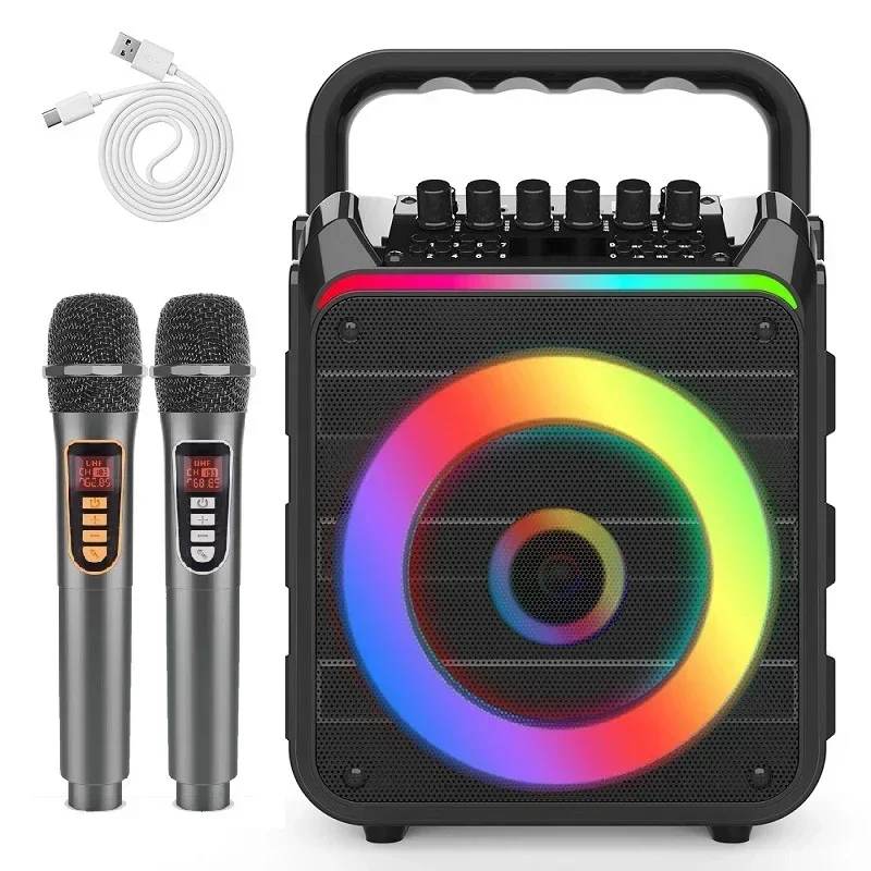 Karaoke Machine With 2 Wireless Mics - Bluetooth Speaker With LED Lights & TWS Function