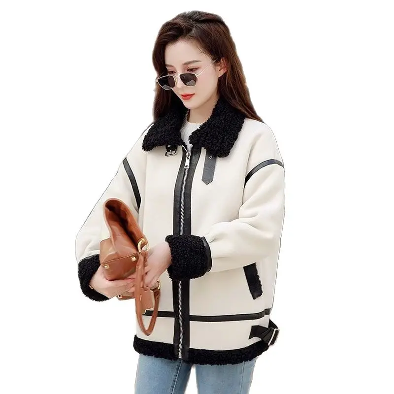 

Осенне-зимнее модное пальто из искусственной овечьей шерсти, женское свободное кожаное пальто с одним телом, Женский мотоциклетный костюм из бархата, куртка, топы