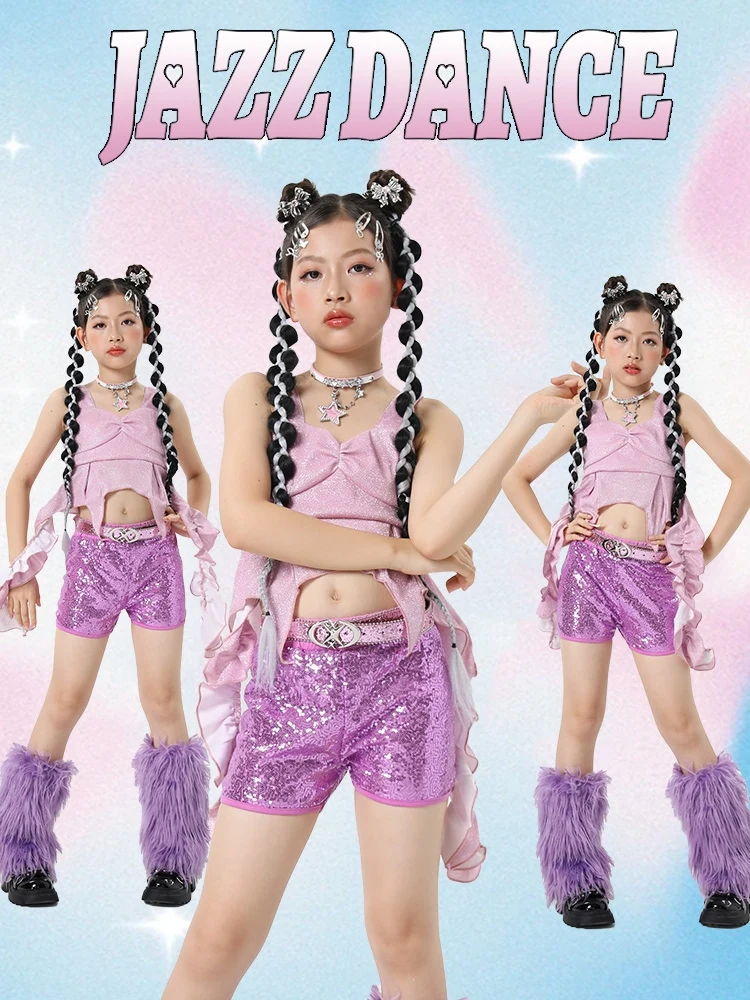 

Children'S Purple Sequin Stage Fashion Suit Modern Jazz Dance Performance Costumes For Girls Hip Hop Dance Rave Clothes DQS16220