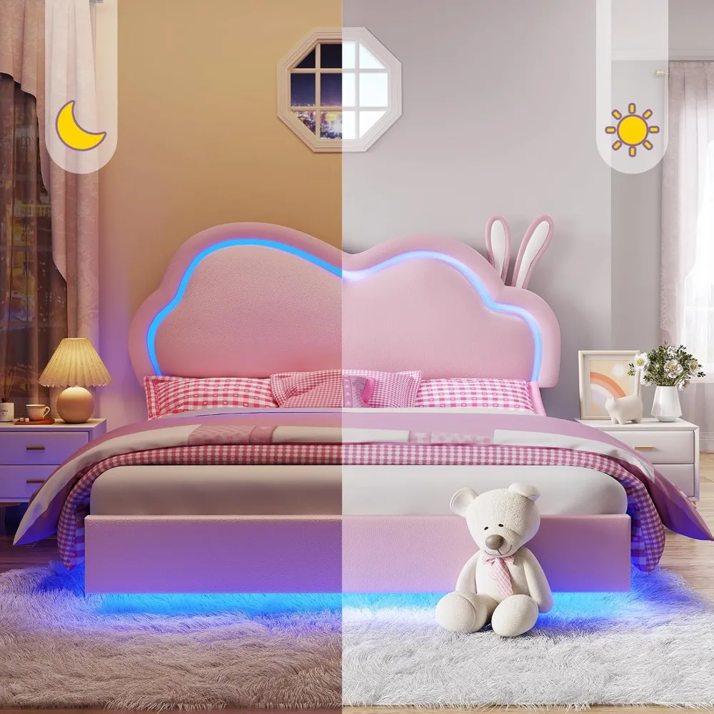 LED Queen Bed Frame for Girls Upholstered Floating Bed with Cute Cloud Headboard, No Box Spring Needed, Leather, Pink 4
