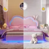 LED Queen Bed Frame for Girls Upholstered Floating Bed with Cute Cloud Headboard, No Box Spring Needed, Leather, Pink 4