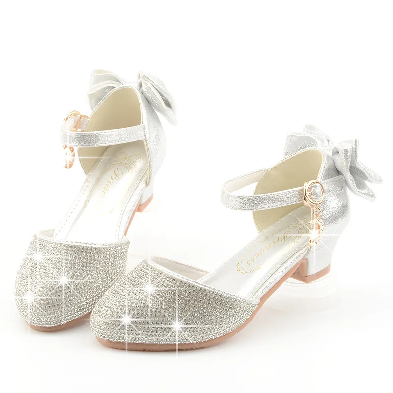 Princess Kids Leather Shoes for Girls dress shoe Glitter Children High Heel Girls Shoes Butterfly Knot gold Pink Silver leather shoes,girls shoes,girls high heel shoes