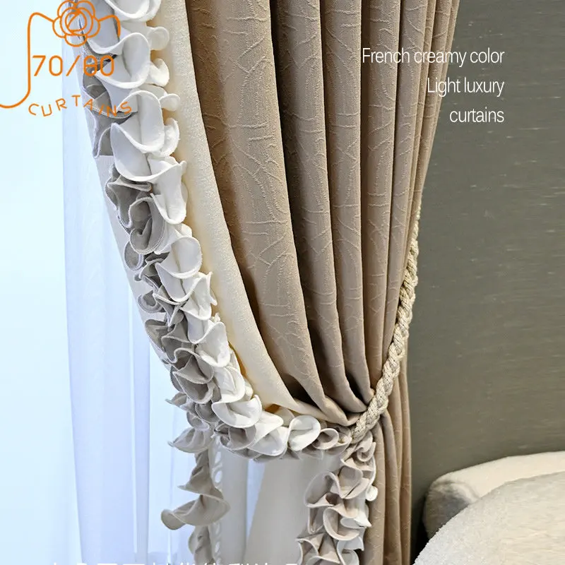 

New French Cream Agaric Lace Lace Jacquard Curtains for Living Room Bedroom Girl Room Decoration Customized Finished Product