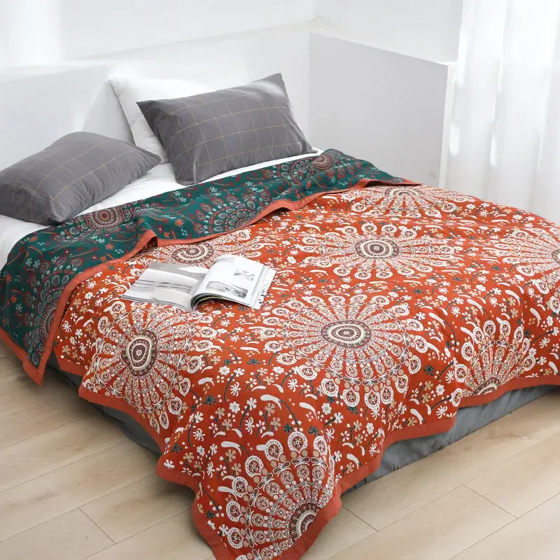 

100% Cotton Muslin Sofa Cover 6-Layers Spring/ Autumn/Summer/Winter Blanket Gauze Bed Cover Mandala Flower Soft Multifunction