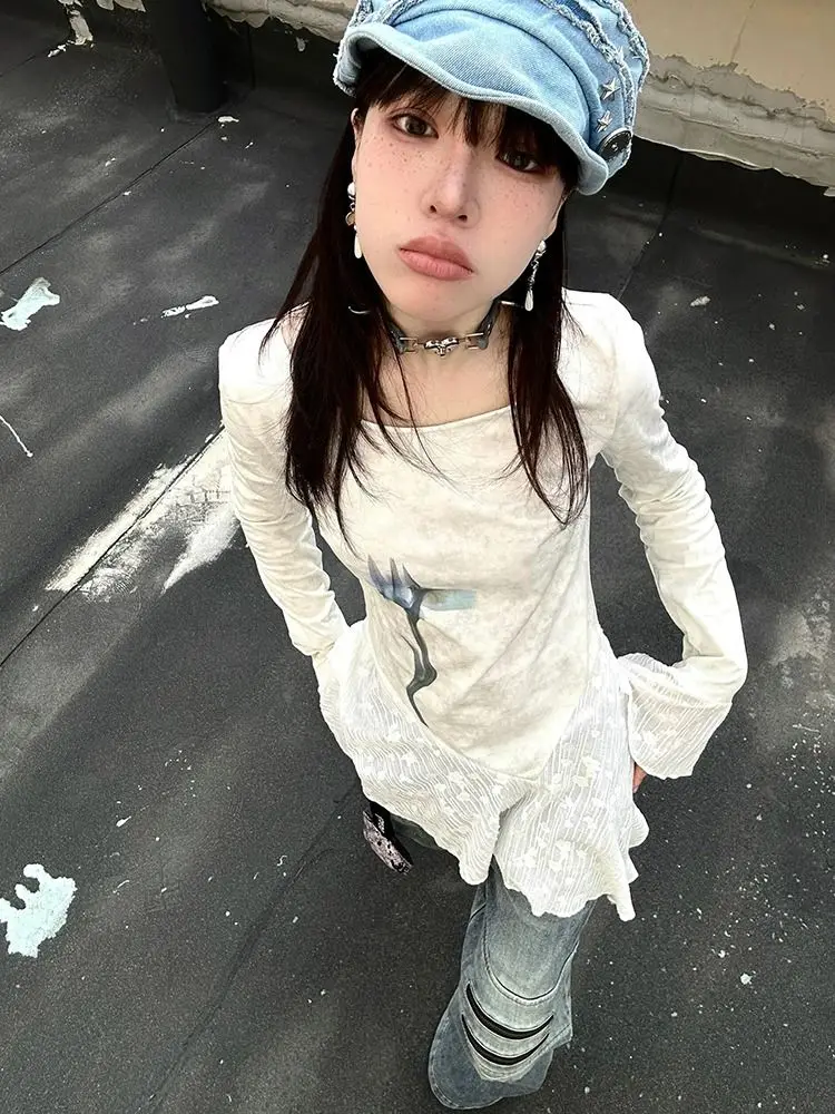 Genayooa Y2k Print T Shirt Women Chic White Irregual Graphic Tops 2000s Japanese Fairycore Vintage Tshirts Retro Grunge Tops Tee 3