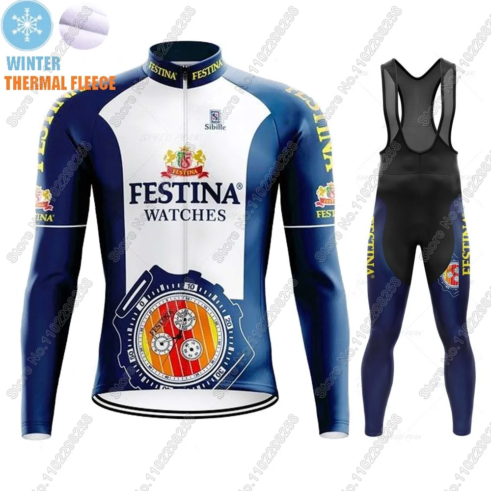 Winter Retro Cycling Jersey Set Spanish Watches Vintage Men Long Sleeve Clothing Suit MTB Bike Road Pants Bib