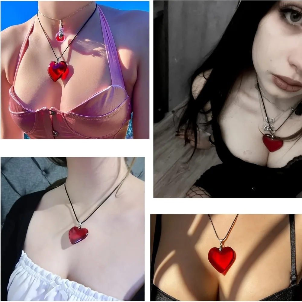 Red Heart-Shaped Glass Pendant Necklace for Women  Girls - Valentine's Day Present, Jewelry for Girls