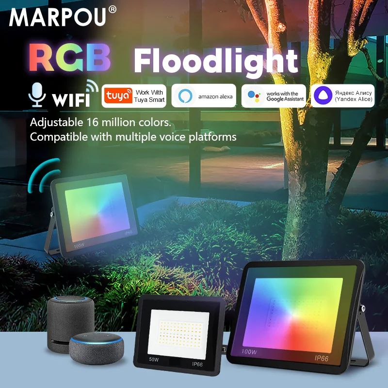 

MARPOU RGB Floodlight LED Waterproof IP66 220V Outdoor Lighting TUYA APP Voice Control 30W 50W 100W Spotlight For Garden Street