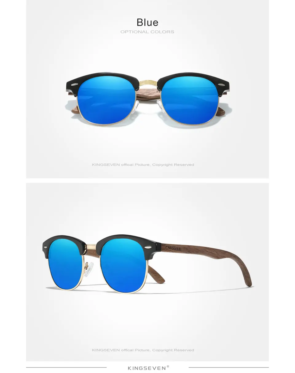 KINGSEVEN Handgefertigte Sonnenbrille aus schwarzem Walnussholz für Herren, polarisiert, UV400-Schutz, halbrandlos, Retro-Brille für Damen zum Fahren – Detail 6