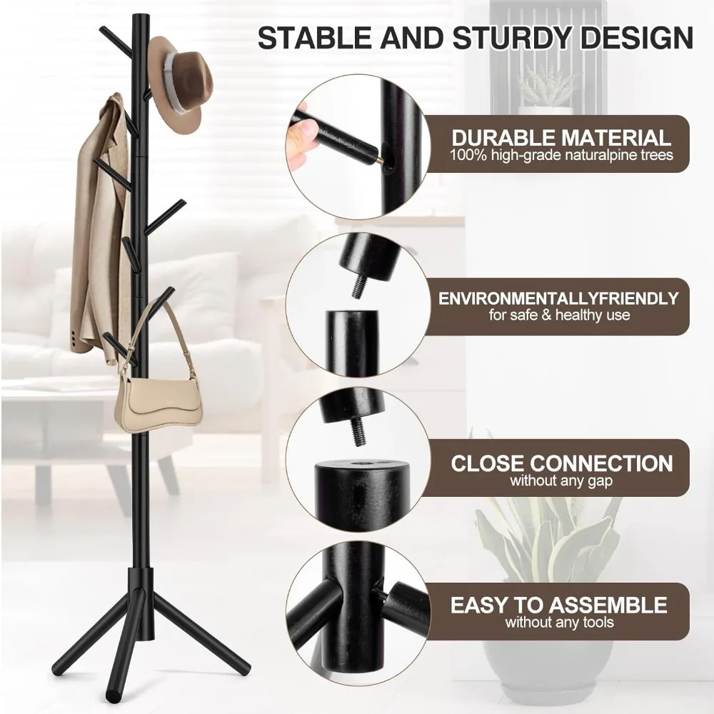 Coat Rack, Freestanding Coat Rack with 8 Hooks and 3 Adjustable Size Tree Coat Racks for Bedroom, Hallway, Entrance, Office, for