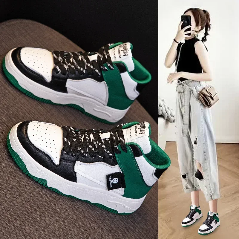 

Autumn and winter women's leather plate shoes new thick bottom casual shoes sneakers fashion high-top small white shoes