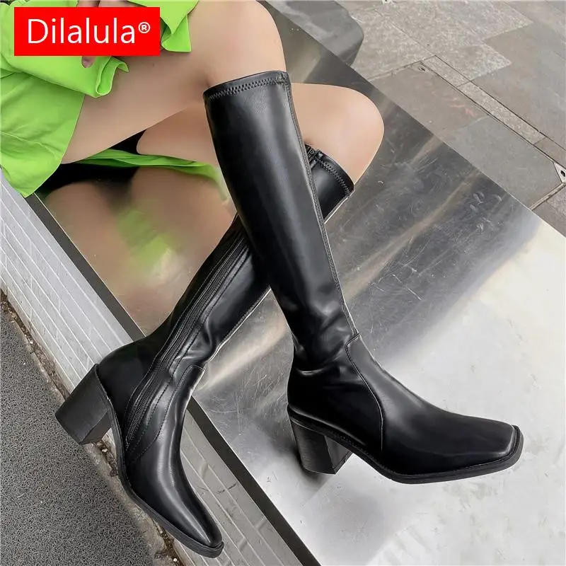 

Dilalula Concise Fashion Women Knee High Boots Autumn Winter Party Casual Side Zipper Shoes Woman High Heels Stretch Long Boots