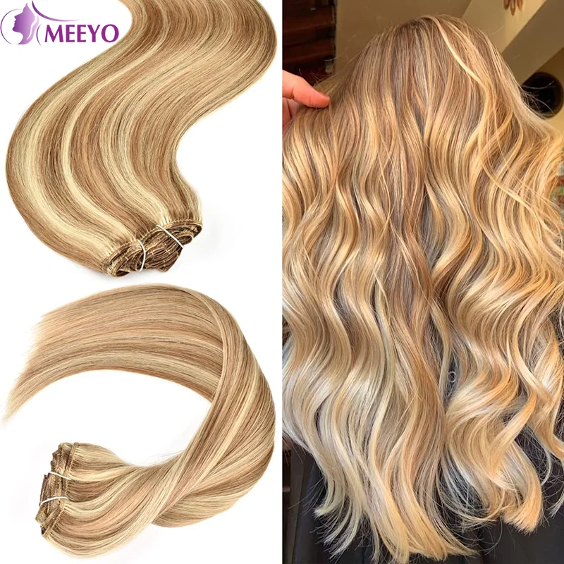 Highlight Straight Clip In Hair Extensions Brazilian 100% Real Human Hair Color P8/613 Clip Ins Full Head Seamless 8Pcs/Set 120G