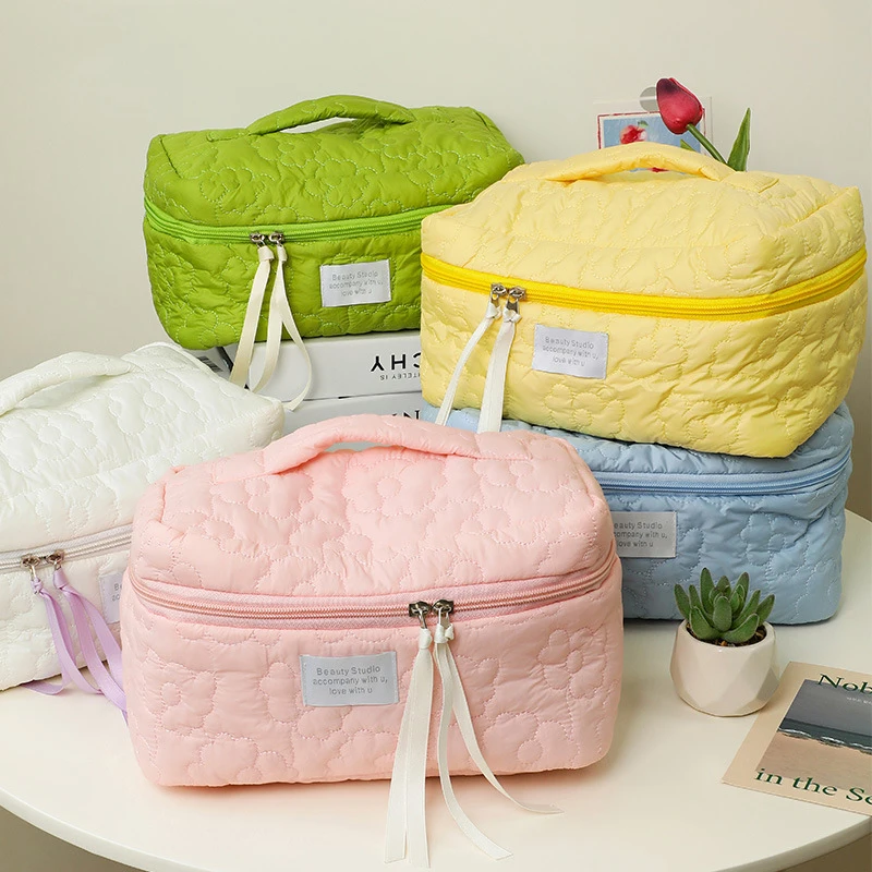 

Diaper Bag Quilting Clutches Soft Cotton Women Zipper Cosmetic Organizer Makeup Bag Large Make Up Purse Portable Handbag