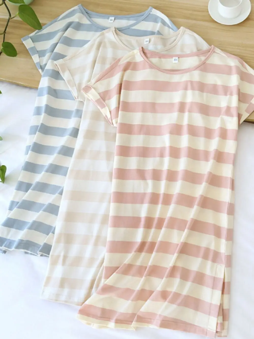 

Striped Long Shirts Nightdress for Women Summer Fashion Casual Sleepdress Pyjamas Nightwear mujer ouc136