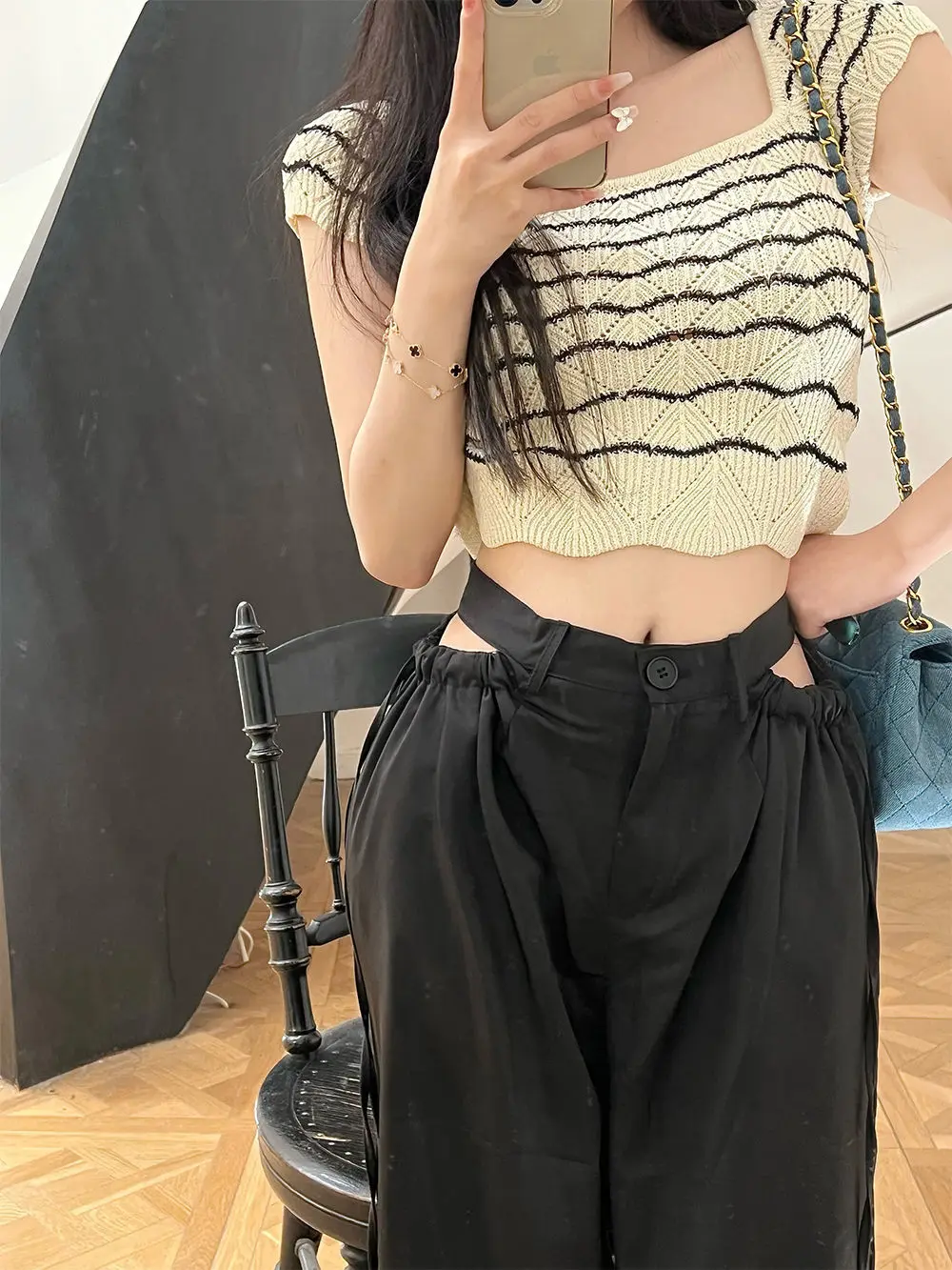 Spring new fashionable straight leg wide leg pants, high waisted hollow out long pants, loose casual pants for women