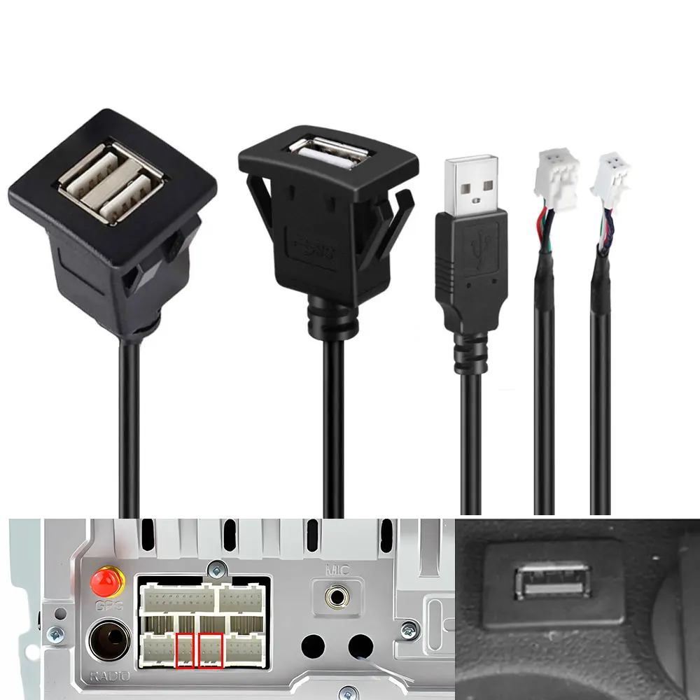 4 6 Pin Car Radio Dual USB Dash Board Mount Panel Extension Connector Cable Adapter for Android