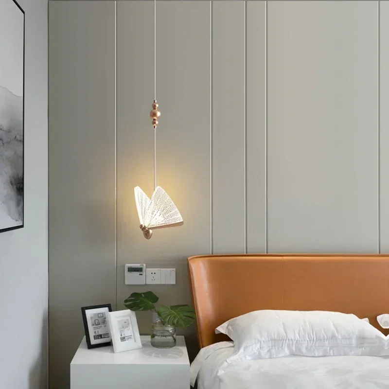 Modern LED Pendant Lights Luxury Creative Chandeliers Butterfly Single Double Head Nordic Bedside Long-line Hanging Lamp 2