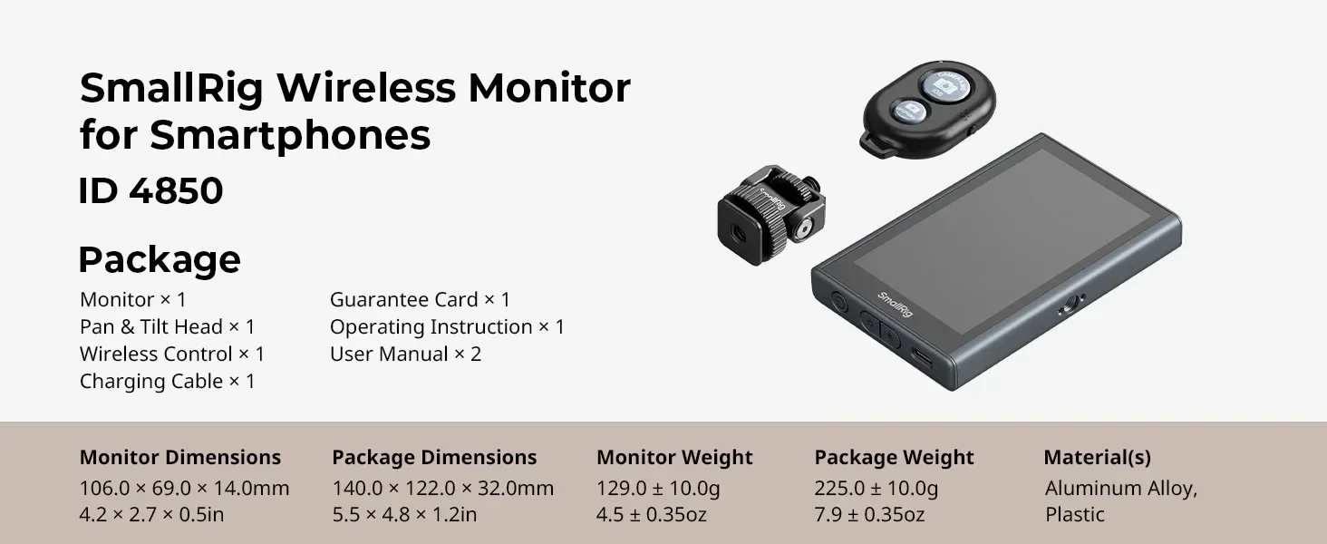 SmallRig Magnetic Vlog Selfie Monitor Screen 10m Remote Control 1500mAh Battery
