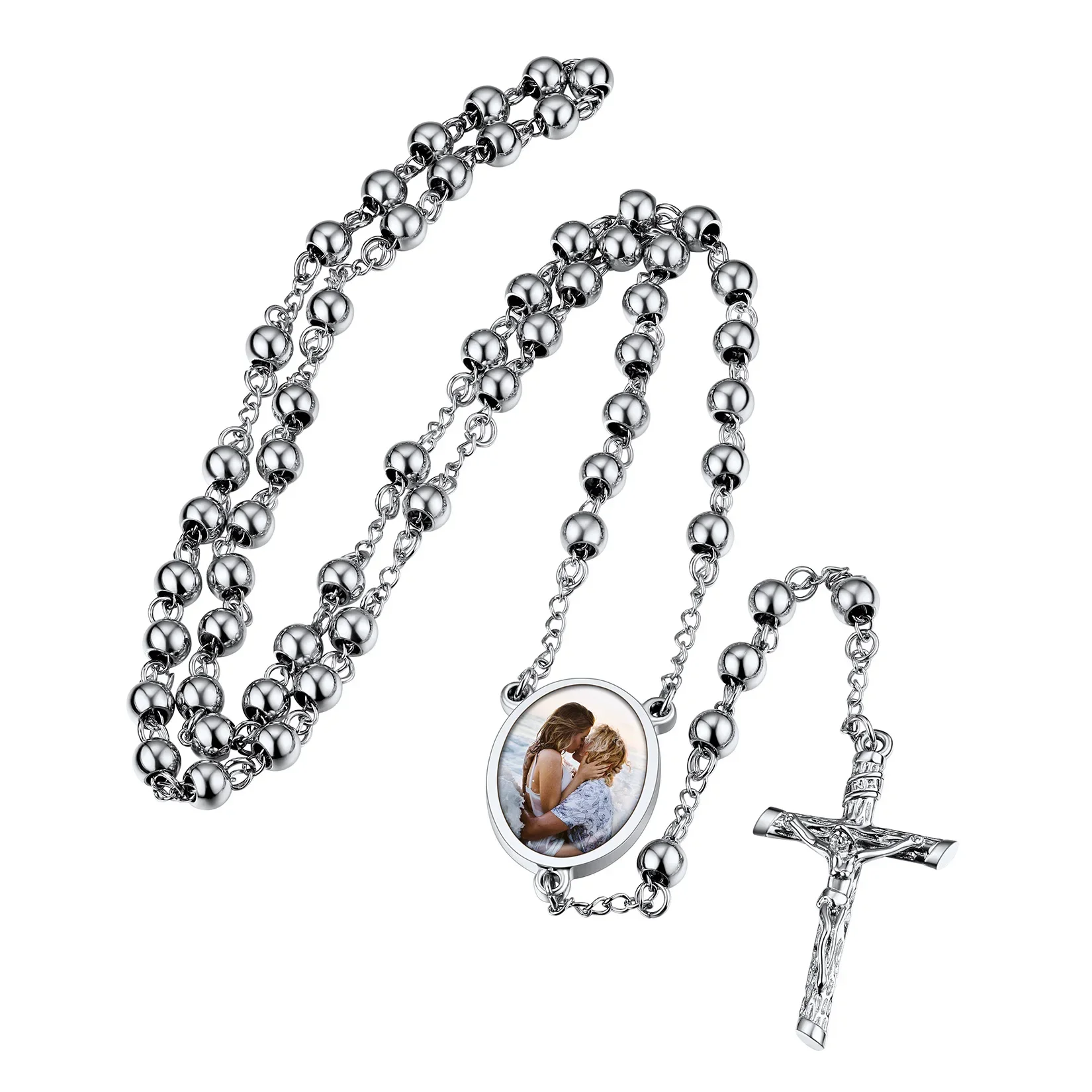 U7 Stainless Steel Metal Beaded Rosary Necklace Custom Photo Engrave Religious Catholic Cross Crucifix Personal Unisex Jewelry 10pcs plastic storage box for round beads catholic rosary cross religious necklace jewelry bracelets