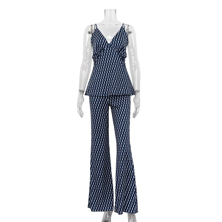 Printed Fashion Women's Pants Outfits V-Neck Contrast Slim Pullover And Wide Leg Trousers 2 Piece-Set Clothes Casual Sets