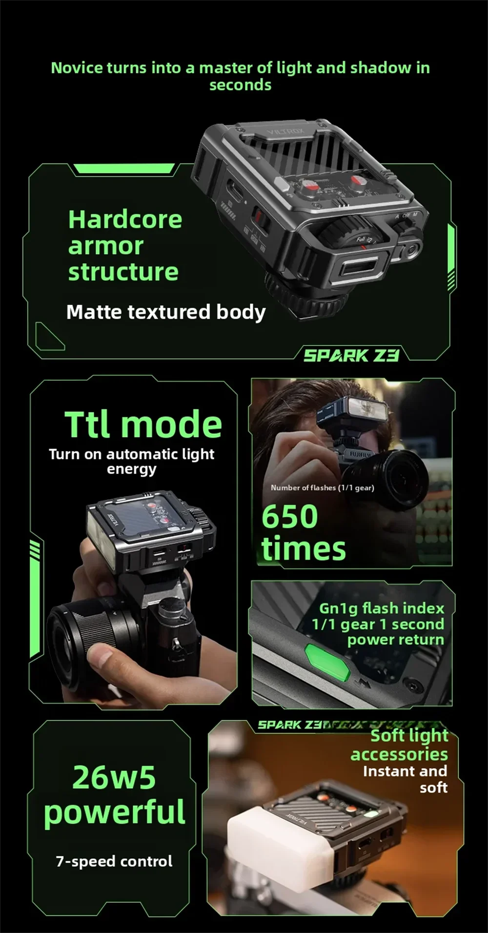 VILTROX Spark Z3 on Camera Flash Speedlite for Nikon Sony Fujifilm Canon DSLR Ca