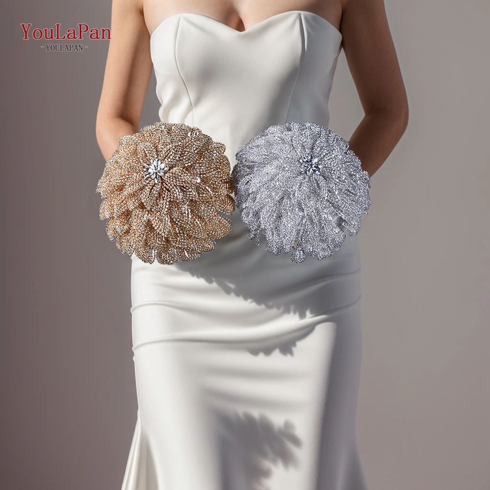YouLaPan Bridal Bridesmaid Wedding Bouquet Handmade Round Handheld Flower Luxury rhinestone Bridal Holding Flowers HF01