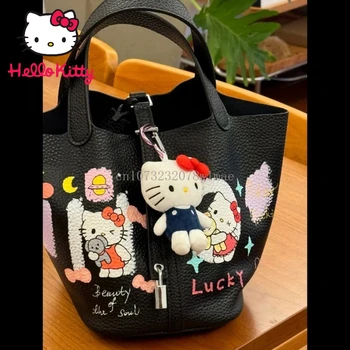 Simpatico cartone animato Hello Kitty Graffiti Basket Bag Borsa a secchiello in morbida pelle da donna moda casual Borse tote per ragazza Y2k stile coreano 1