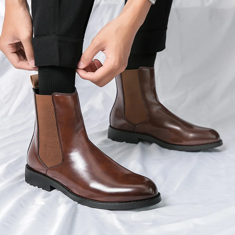 

High-quality Genuine Leather Chelsea Boots Men Classic Brown Boots Casual Men Slip-on High-top Dress Shoes Men 2022 botas hombre