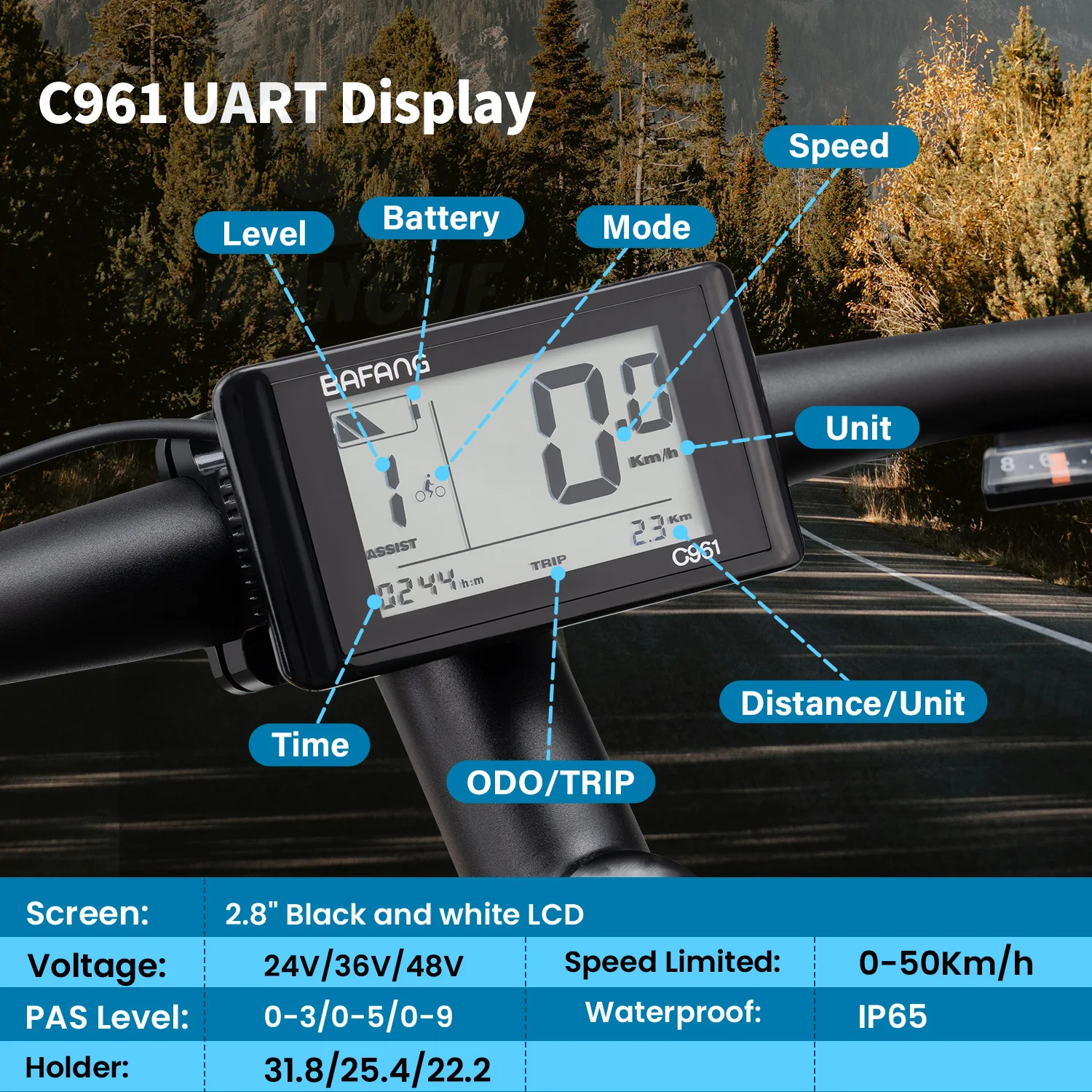바팡 전기자전거 2.6인치 LED 디스플레이 C961 (바팡 UART 프로토콜 BBS01B BBS02B BBSHD 미드 드라이브 모터 자전거 전기자전거 개조 키트용)