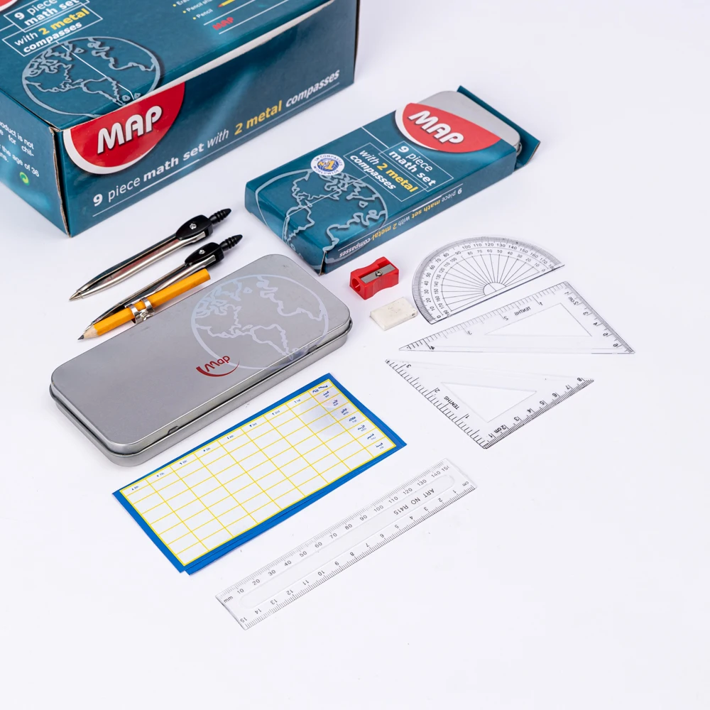 Geometry Math Compass set 9piece Shatterproof Storage Box 2 Compasses Ruler Eraser Pencil Sharpener