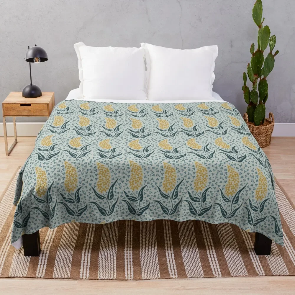 

Flower Spike in Gold with Blue, Blue & Gray Throw Blanket heavy to sleep Nap Flannel Retros Blankets