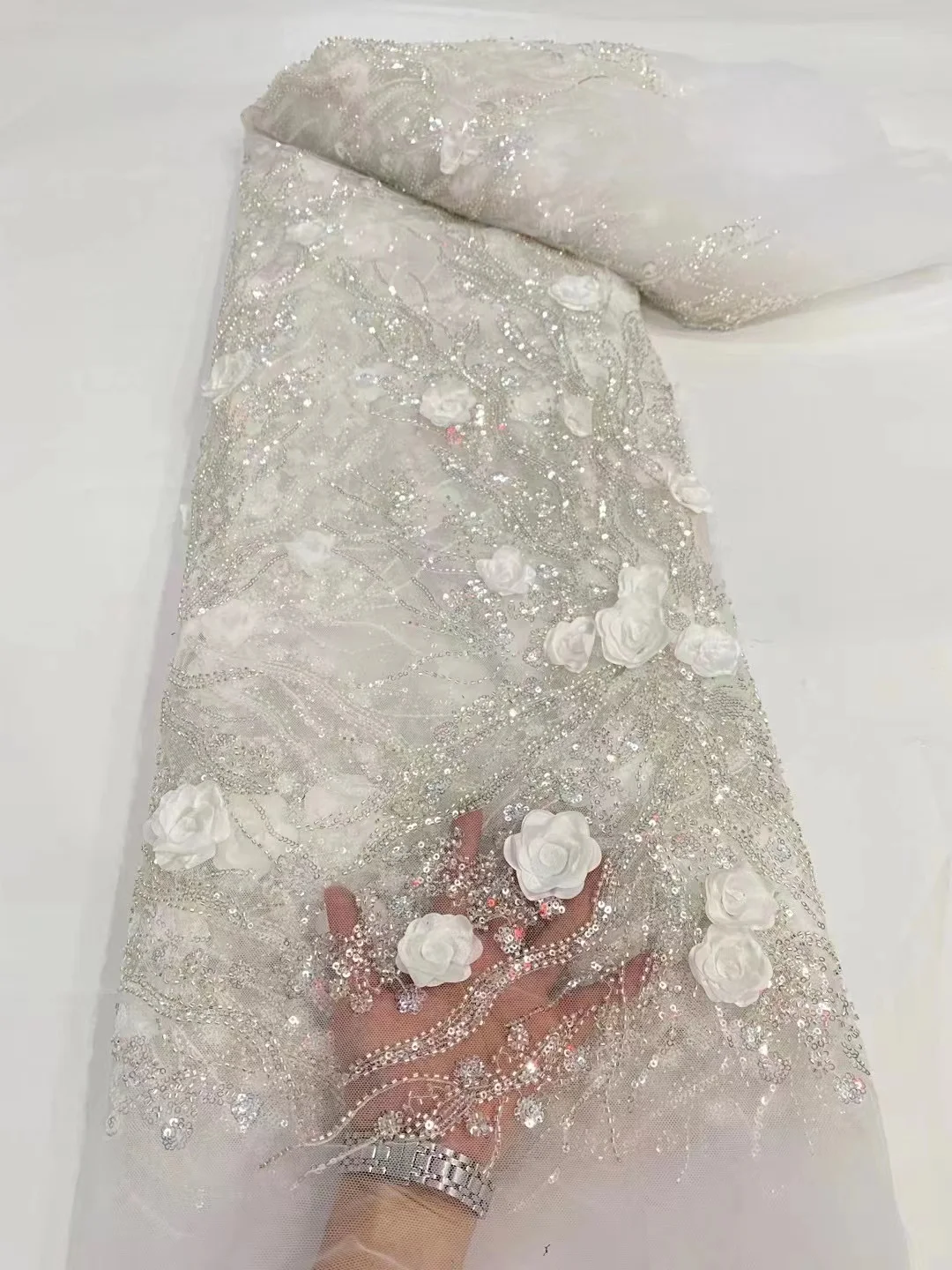 

5 Yards African Net Mesh Lace Fabric 2023 Beads Embroidery Nigerian Sequins French Tulle Lace For Wedding Dress Sewing QF0328