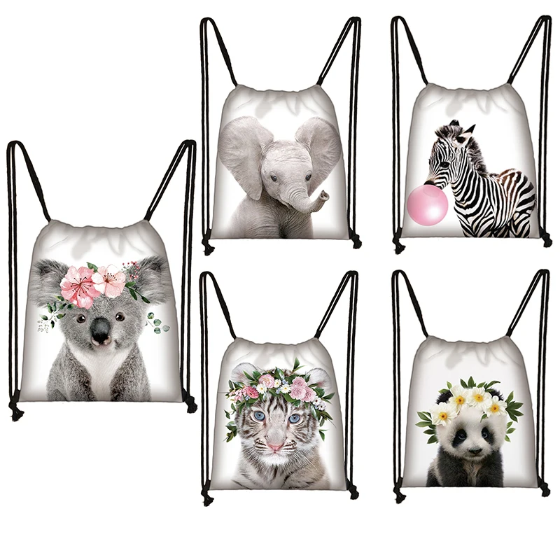 

Koala/Zebra/Elephant Print Drawstring Bag Leisure Travel Storage Bags Panda/Tiger Woman Shopping Bag Girl Backpack Gift