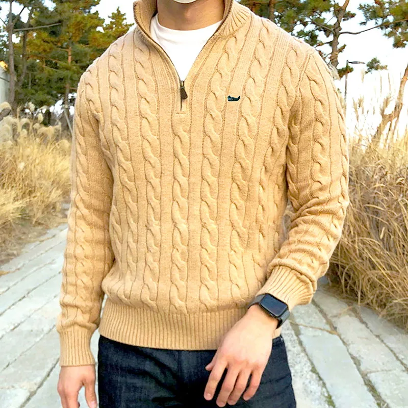 

2022 Autumn Winter Brand Logo 100%Cotton Pullovers Sweaters Men'S Casual Stand-Up Collar Half-Zip Knitted Coat Fit 8509