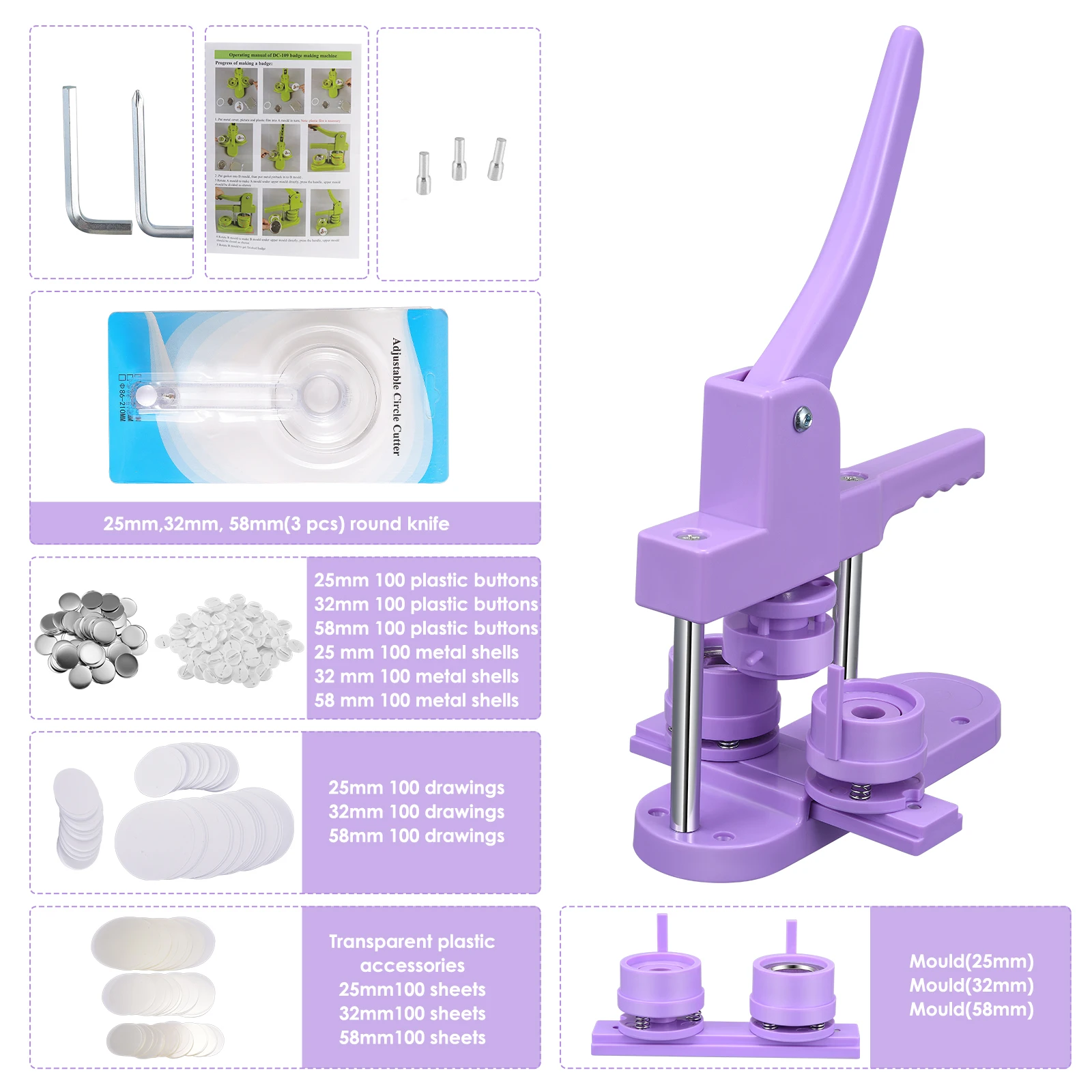 Button Maker Machine Kit DIY Badge Pin Maker Circle Cutter 25mm 32mm 58mm 300Pcs For Badges
